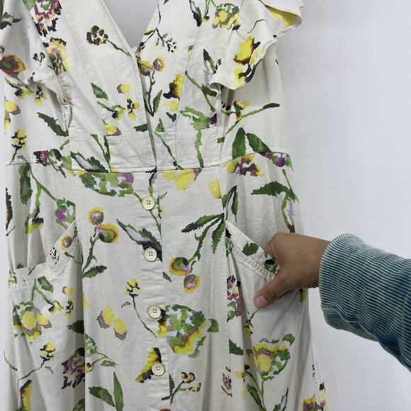 Tanya Taylor Size 8 Inez Dress‎ Linen Blend Floral Ruffle Flutter Sleeves Cream - Picture 2 of 12